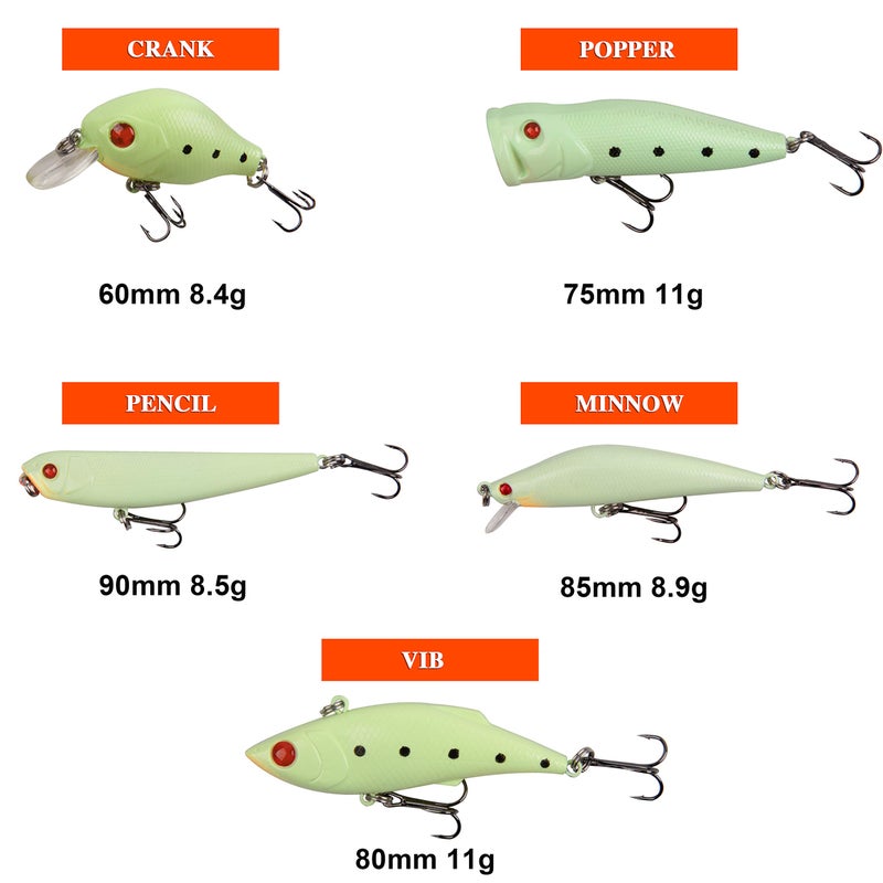 Shaddock Fishing Glow Fishing Lure Bait Kit - 5pcs Luminous Fishing Bait VIB Popper Crank Minnow Pencil Artificial Lures with Tackle Box for Bass Saltwater Freshwater - Image 4
